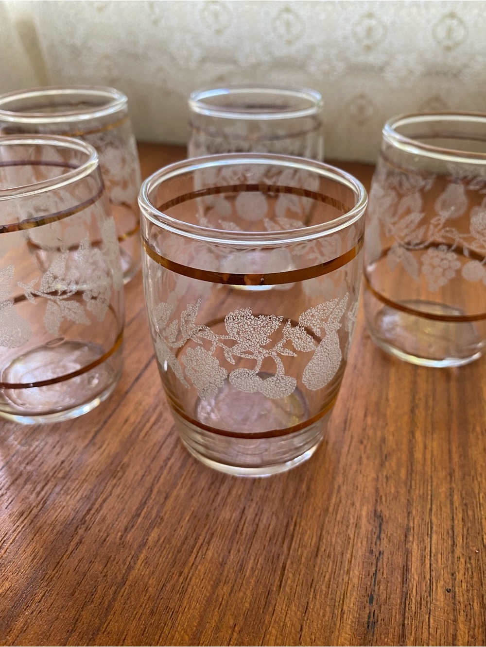 Vintage Etched Fruity Glasses - Clear with Gold Trim (Set of 5)